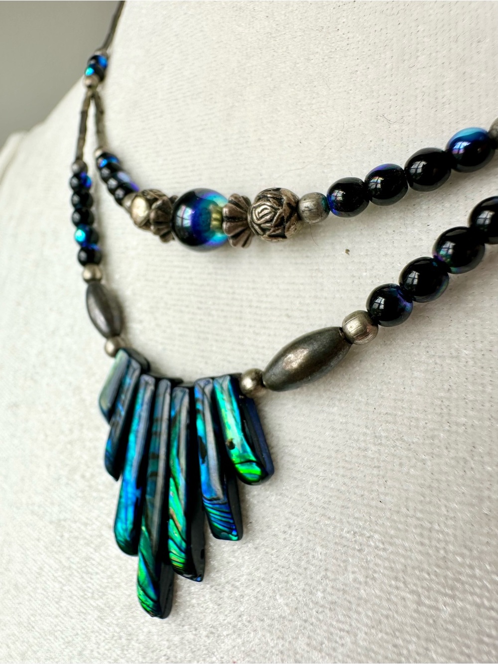 VTG Blue Green Abalone Sterling Silver Southwest Liquid 2 Strand Necklace 17”